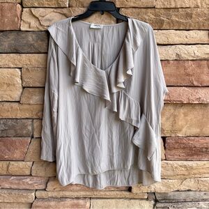 Mela Purdie light gray satin long sleeve ruffle blouse top Women XL